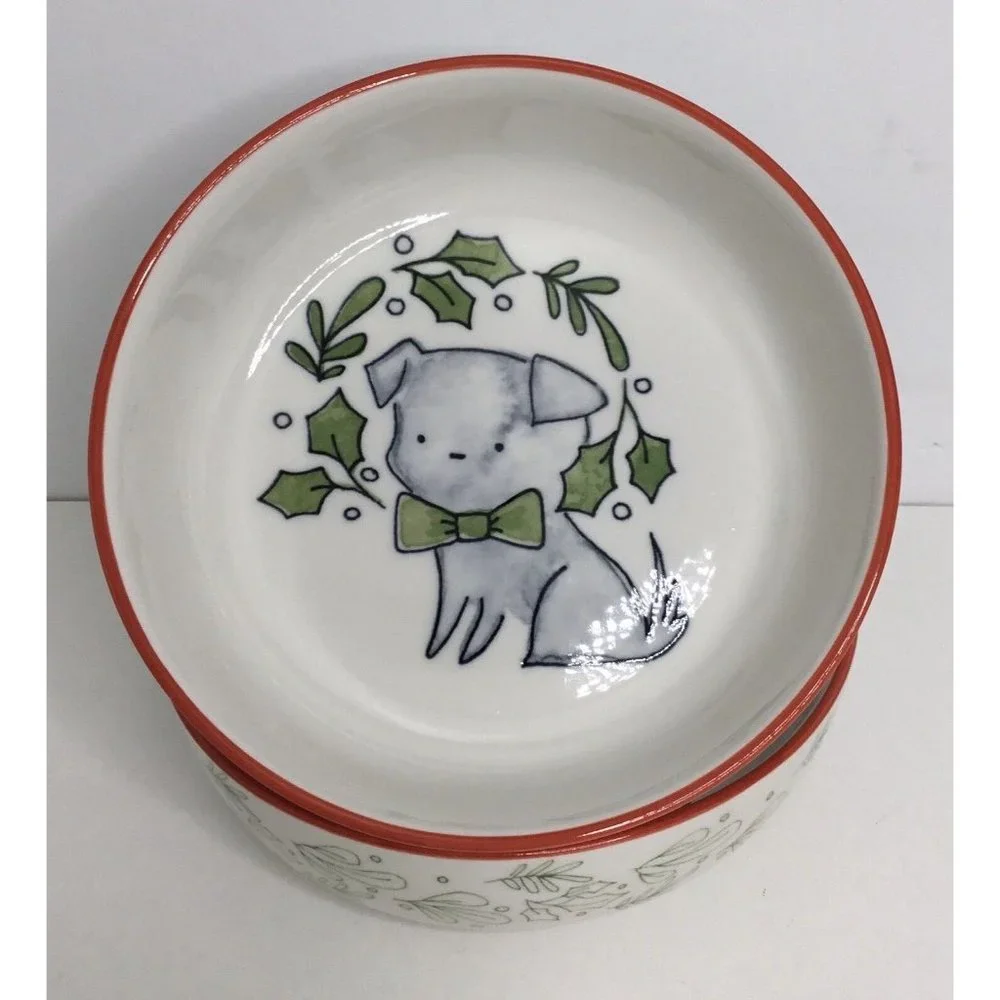 2 Dog Bowl Dish Ceramic Prima Design Christmas Dog  NEW